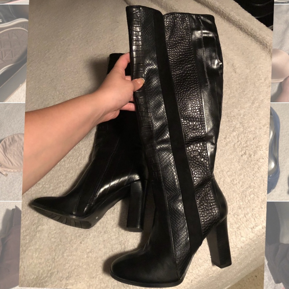 Black leather snake skin knee high boots 8M